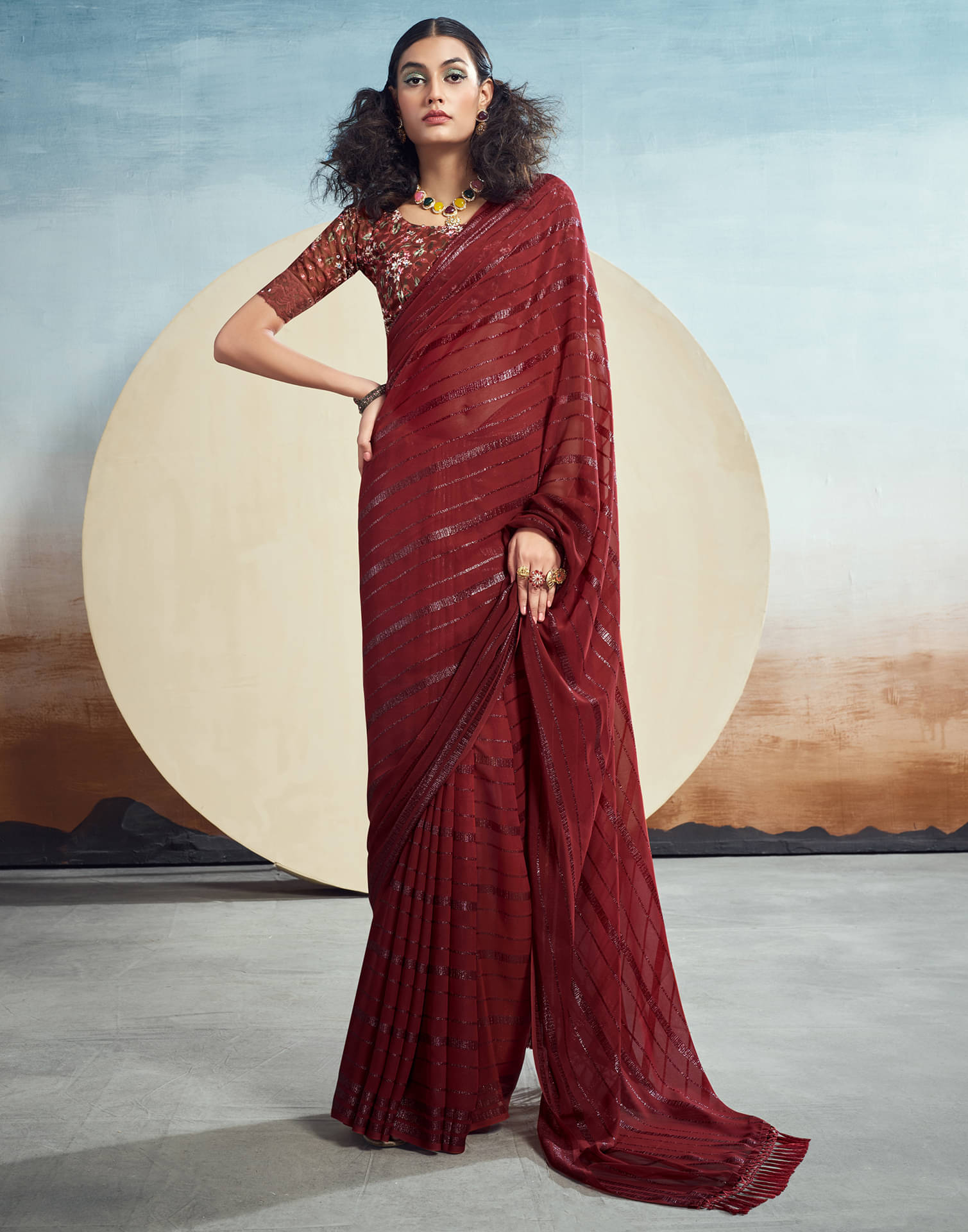     			Samah Georgette Embellished Saree With Unstitched Blouse Piece ( Maroon )