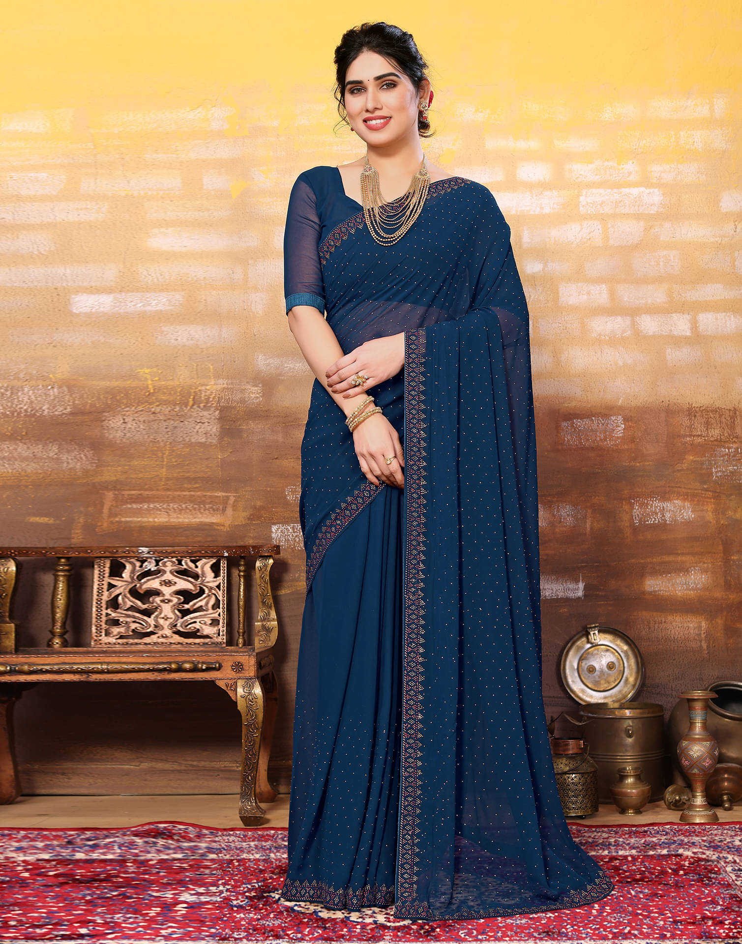     			Samah Georgette Embellished Saree With Unstitched Blouse Piece ( Teal )