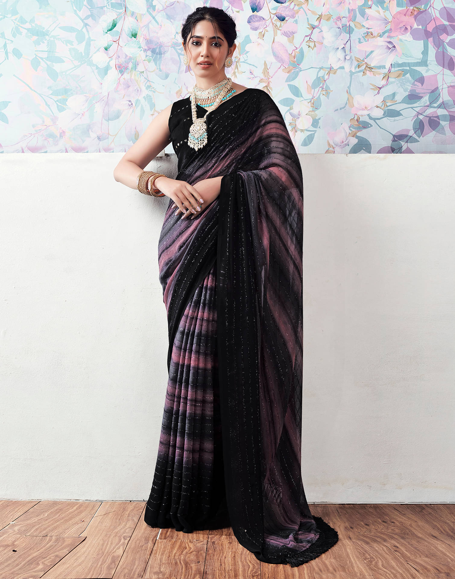 Samah Georgette Embellished Saree With Unstitched Blouse Piece ( Black ) Samah Georgette Embellished Saree With Unstitched Blouse Piece ( Black )
