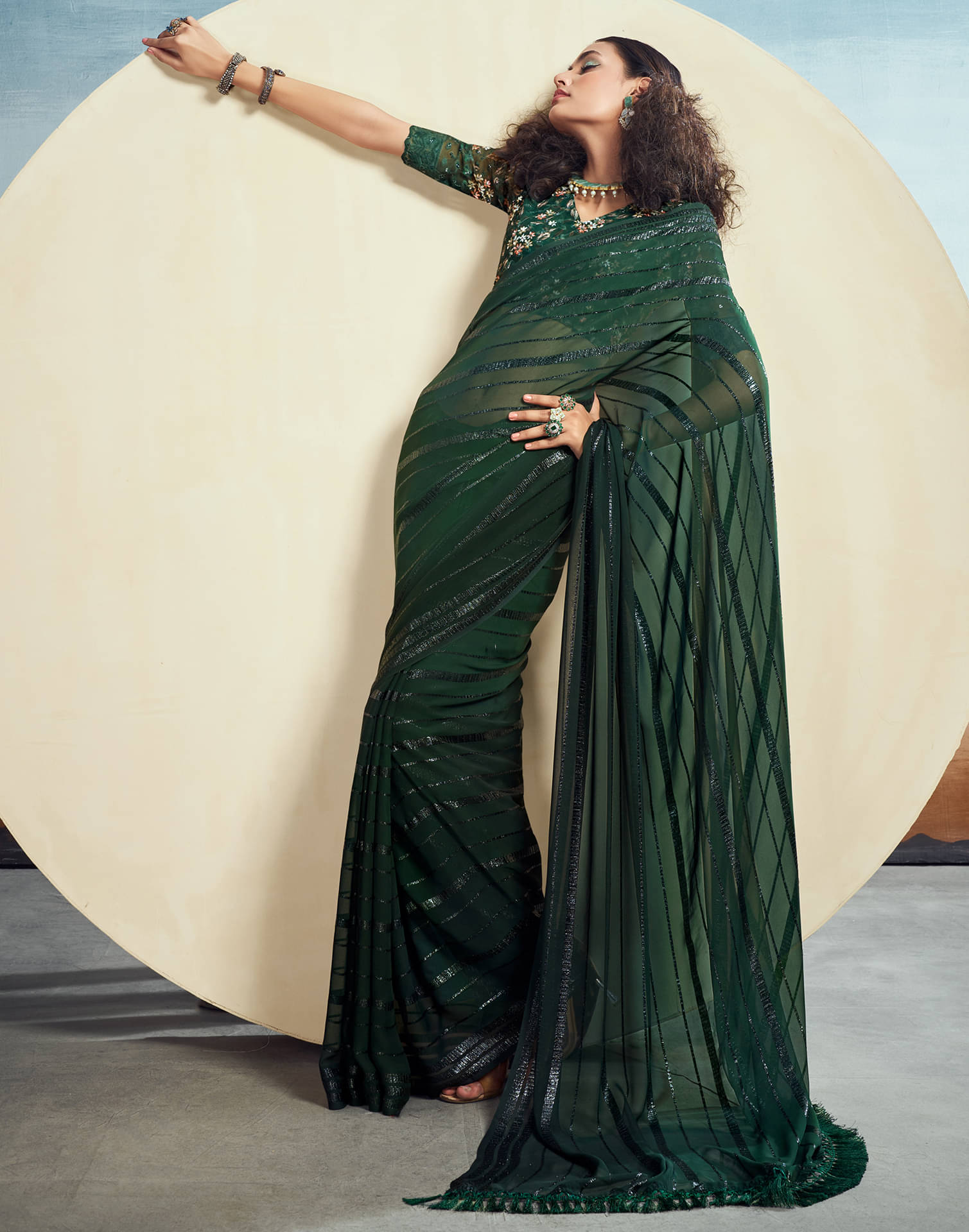     			Samah Georgette Embellished Saree With Unstitched Blouse Piece ( Green )