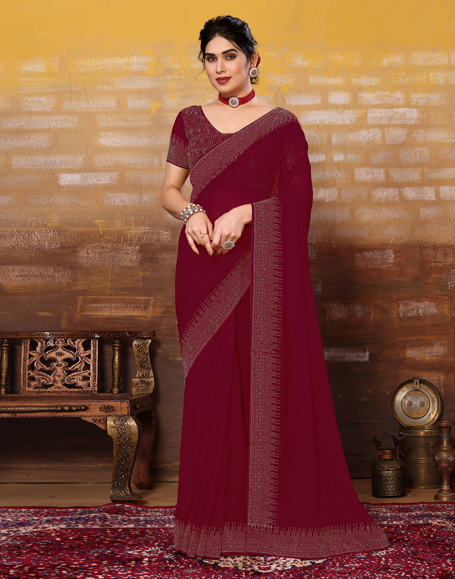     			Samah Georgette Embellished Saree With Unstitched Blouse Piece ( Maroon )
