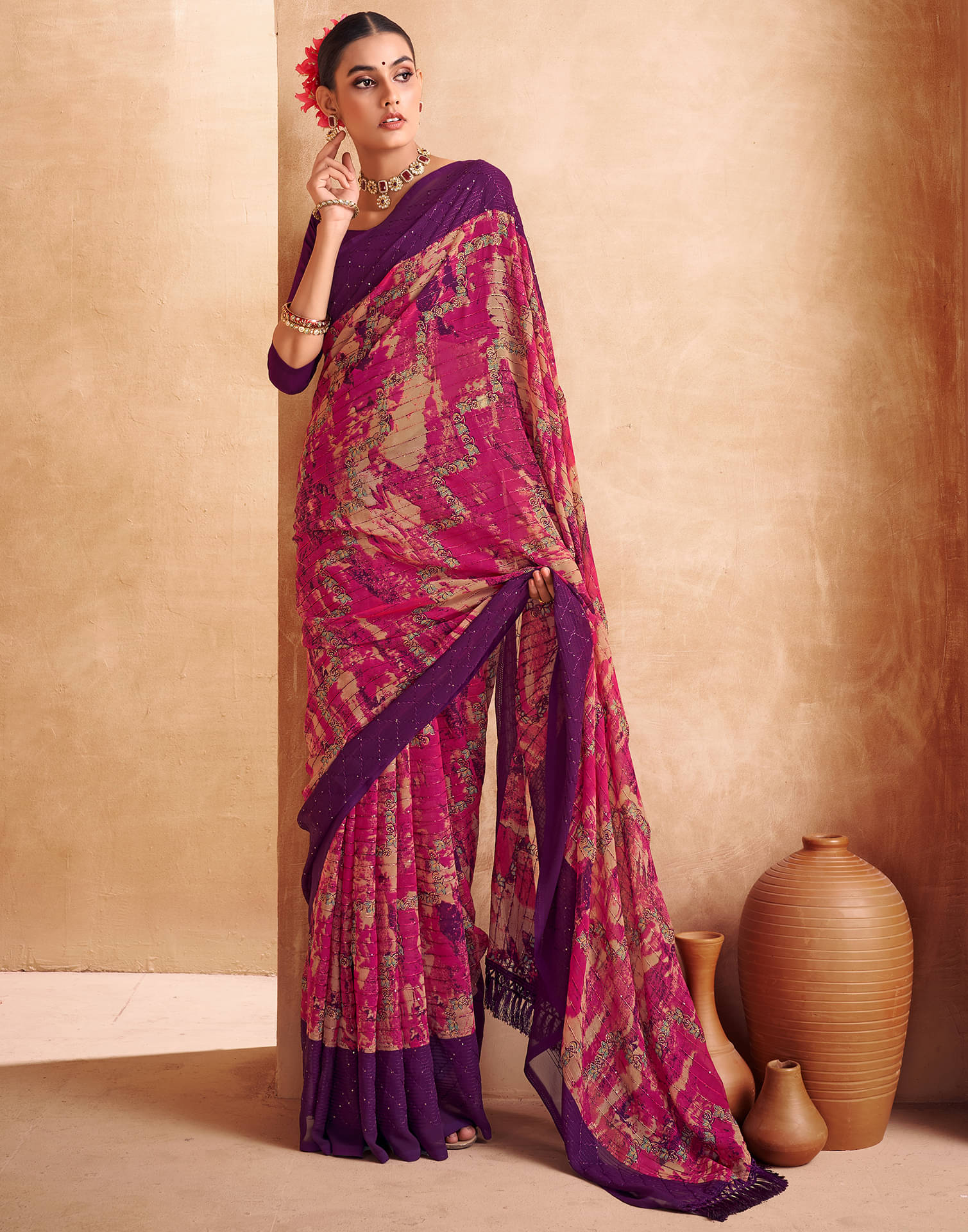 Samah Georgette Embellished Saree With Unstitched Blouse Piece ( Pink ) Samah Georgette Embellished Saree With Unstitched Blouse Piece ( Pink )