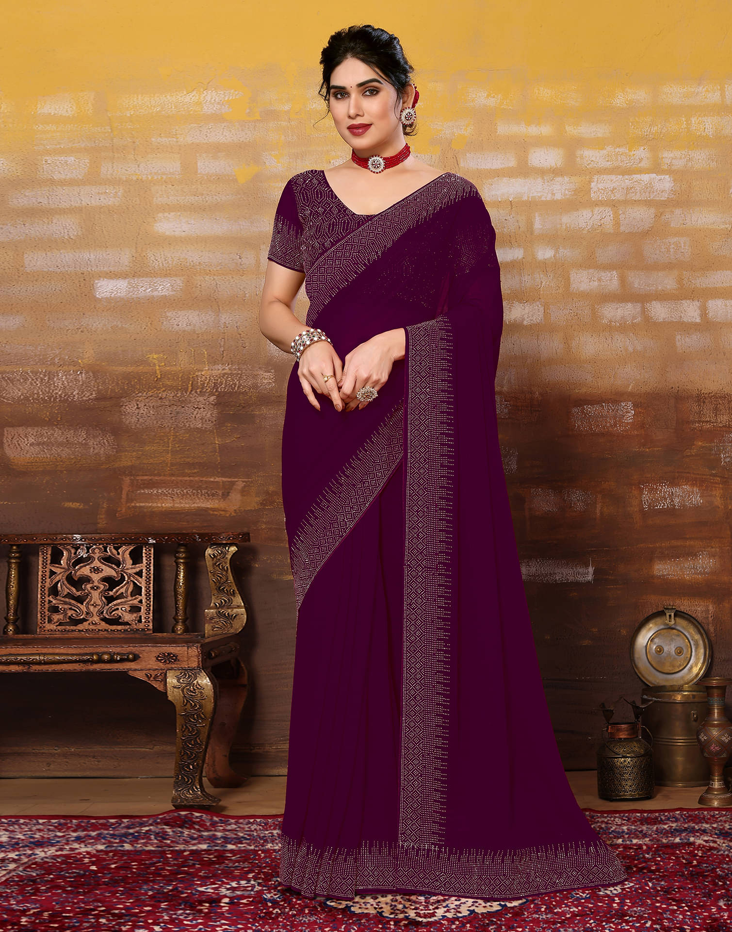 Samah Georgette Embellished Saree With Unstitched Blouse Piece ( Wine ) Samah Georgette Embellished Saree With Unstitched Blouse Piece ( Wine )
