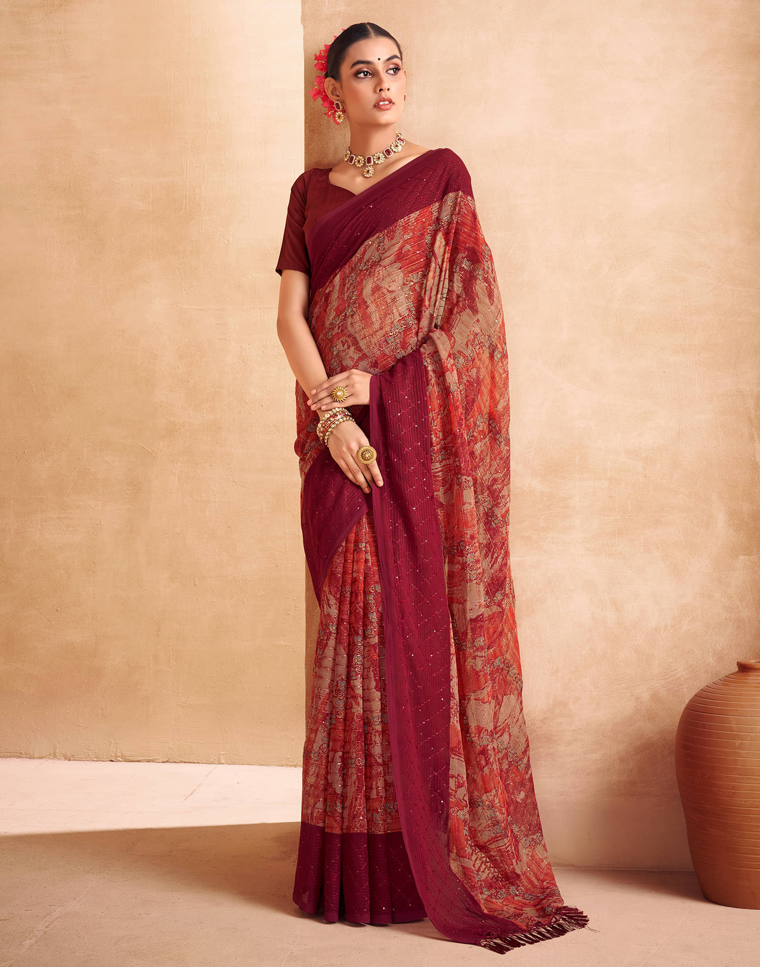 Samah Georgette Embellished Saree With Unstitched Blouse Piece ( Orange ) Samah Georgette Embellished Saree With Unstitched Blouse Piece ( Orange )