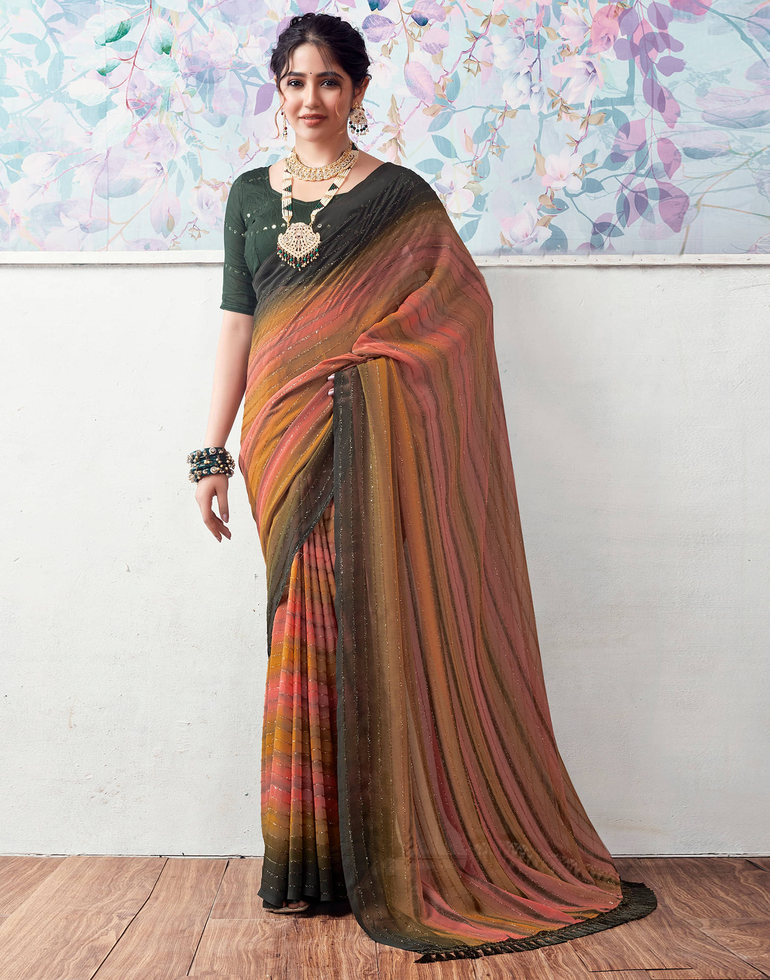 Samah Georgette Embellished Saree With Unstitched Blouse Piece ( Green ) Samah Georgette Embellished Saree With Unstitched Blouse Piece ( Green )
