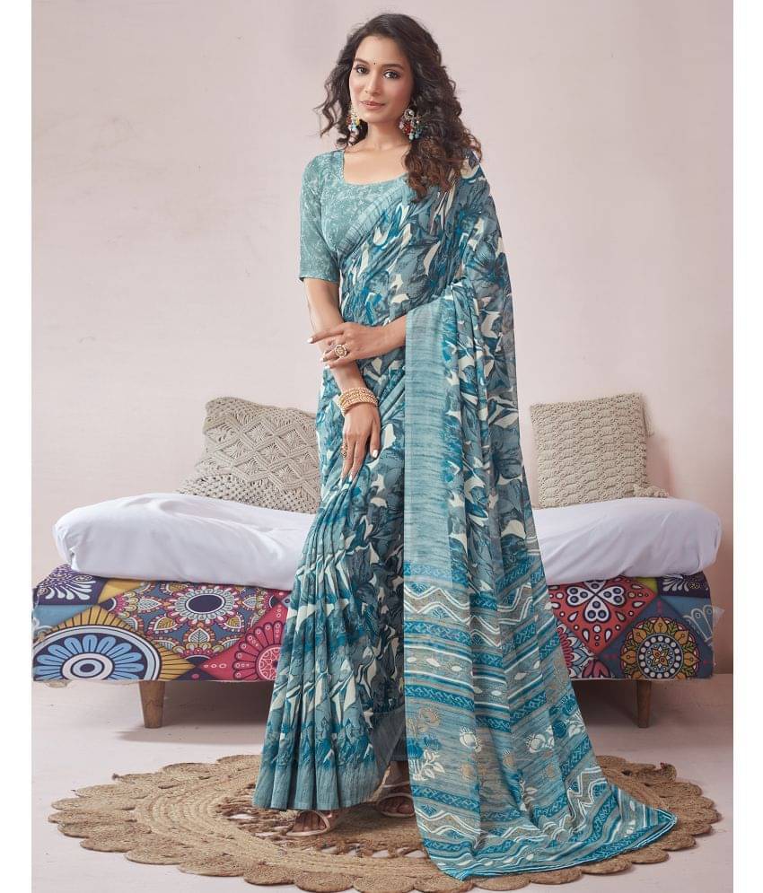     			Samah Georgette Printed Saree With Unstitched Blouse Piece ( Teal )