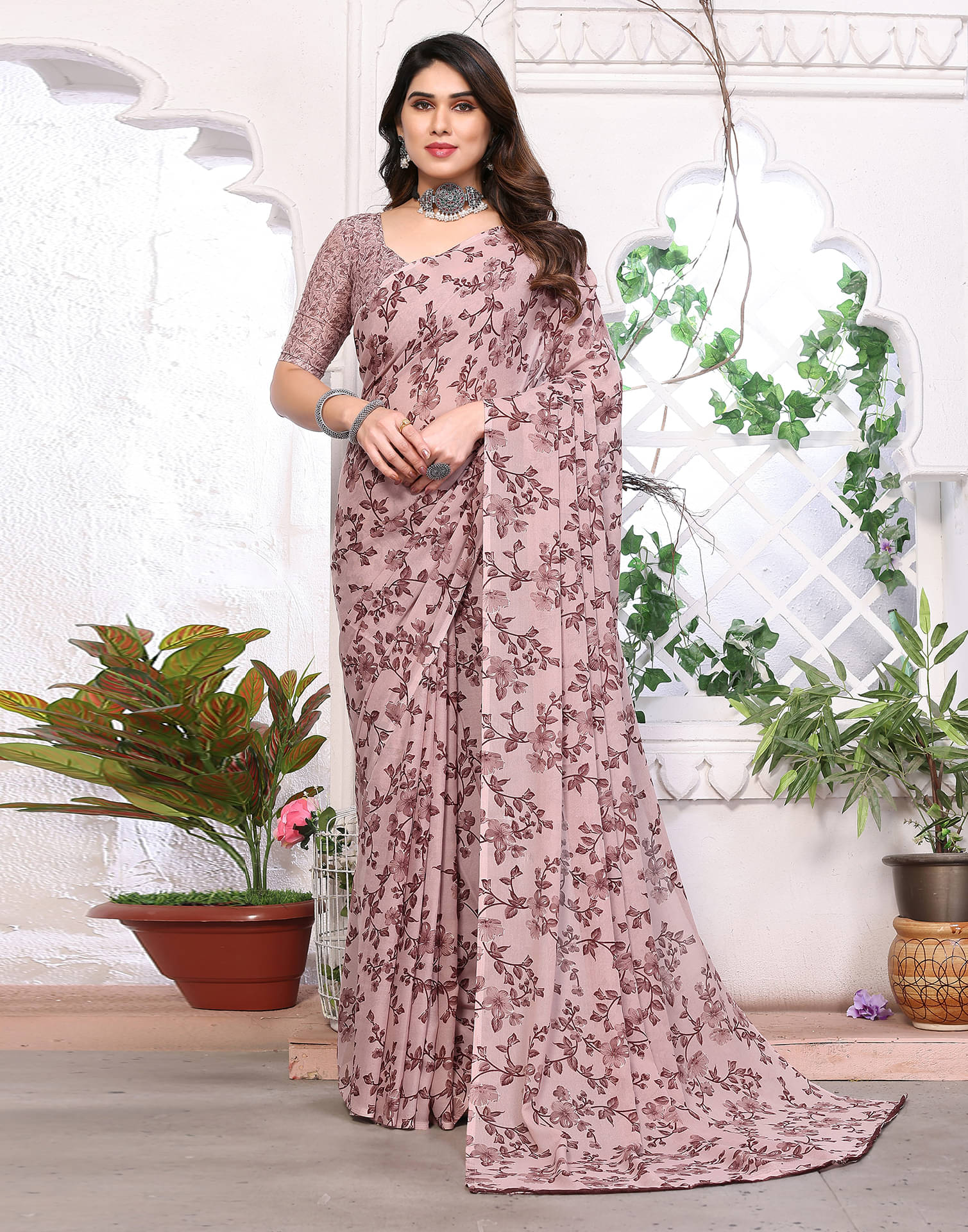 Samah Georgette Printed Saree With Unstitched Blouse Piece ( Pink ) Samah Georgette Printed Saree With Unstitched Blouse Piece ( Pink )