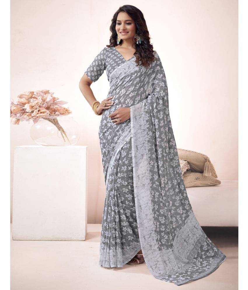     			Samah Georgette Printed Saree With Unstitched Blouse Piece ( Grey )