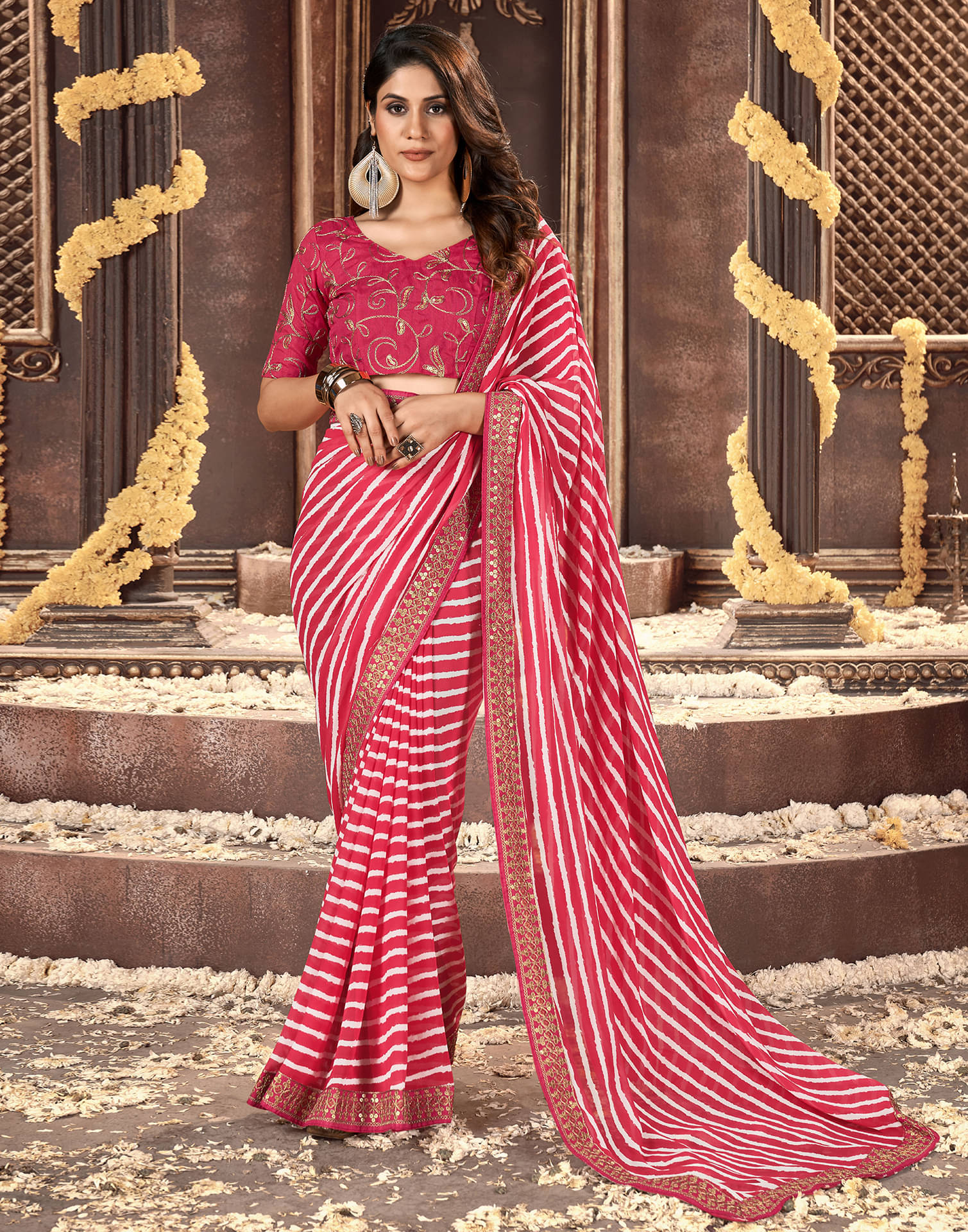     			Samah Georgette Printed Saree With Unstitched Blouse Piece ( Pink )