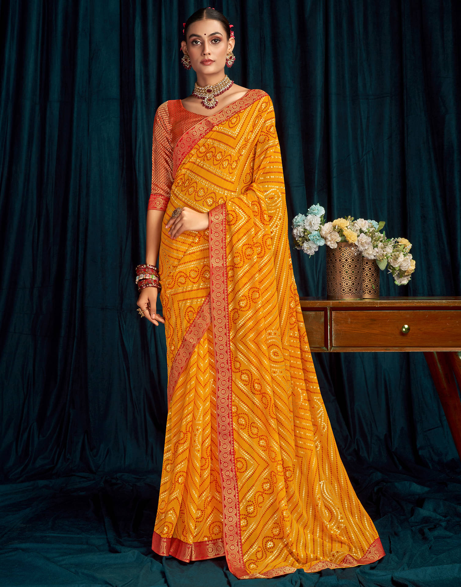     			Samah Georgette Printed Saree With Unstitched Blouse Piece ( Yellow )