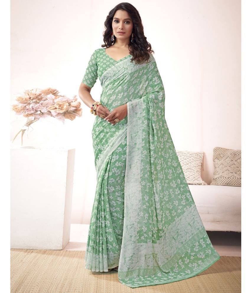     			Samah Georgette Printed Saree With Unstitched Blouse Piece ( Green )