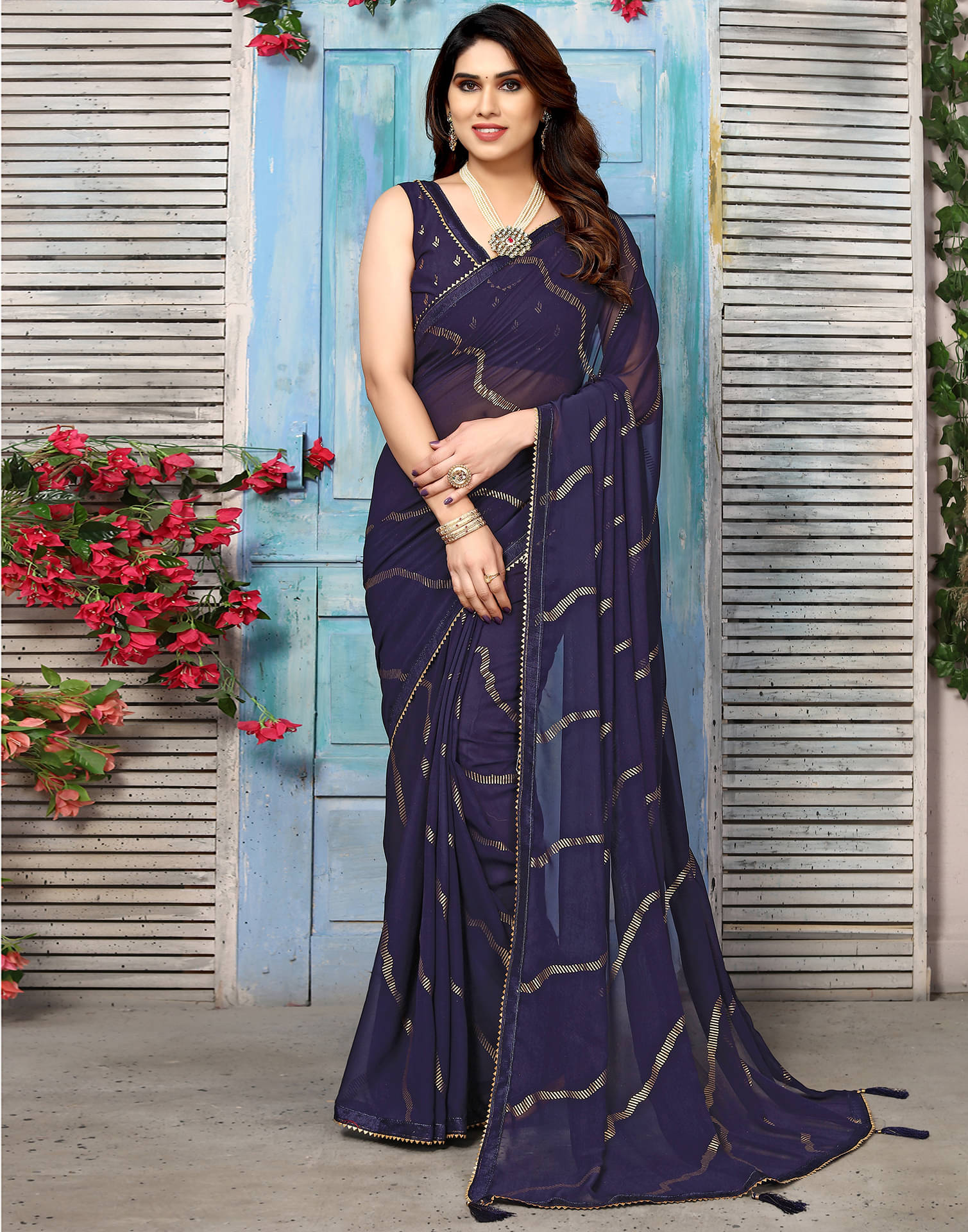 Samah Georgette Printed Saree With Unstitched Blouse Piece ( Navy Blue ) Samah Georgette Printed Saree With Unstitched Blouse Piece ( Navy Blue )