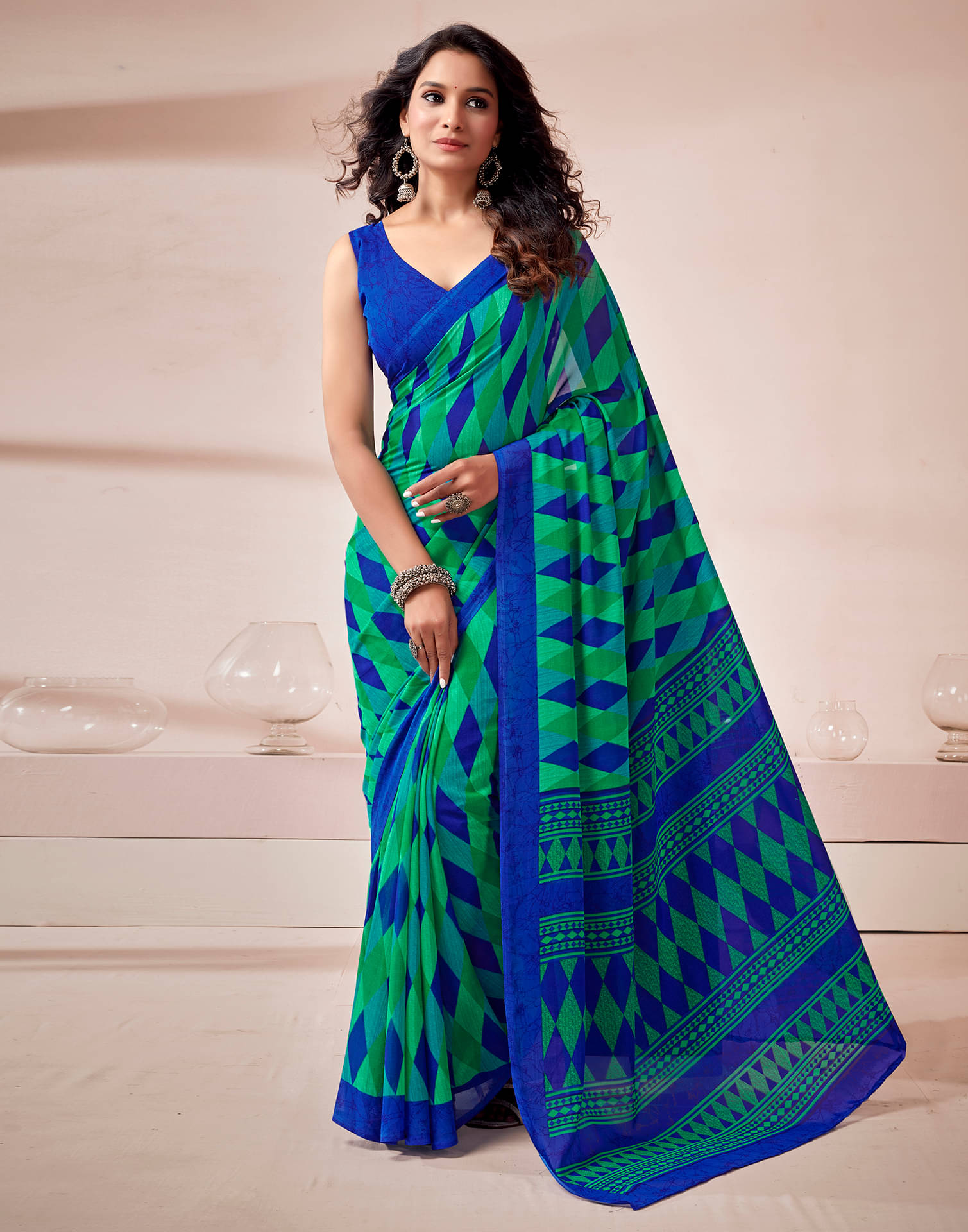     			Samah Georgette Printed Saree With Unstitched Blouse Piece ( Green )