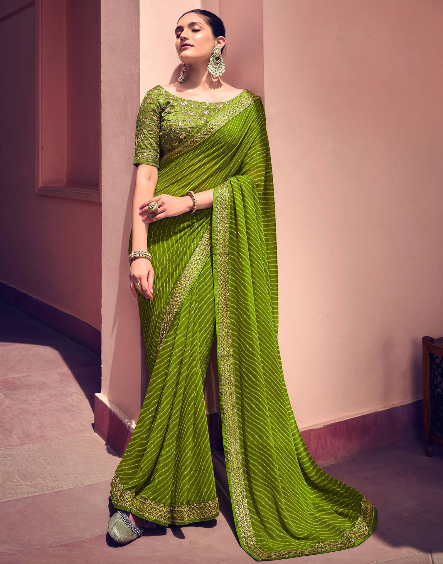 Samah Georgette Printed Saree With Unstitched Blouse Piece ( Olive ) Samah Georgette Printed Saree With Unstitched Blouse Piece ( Olive )