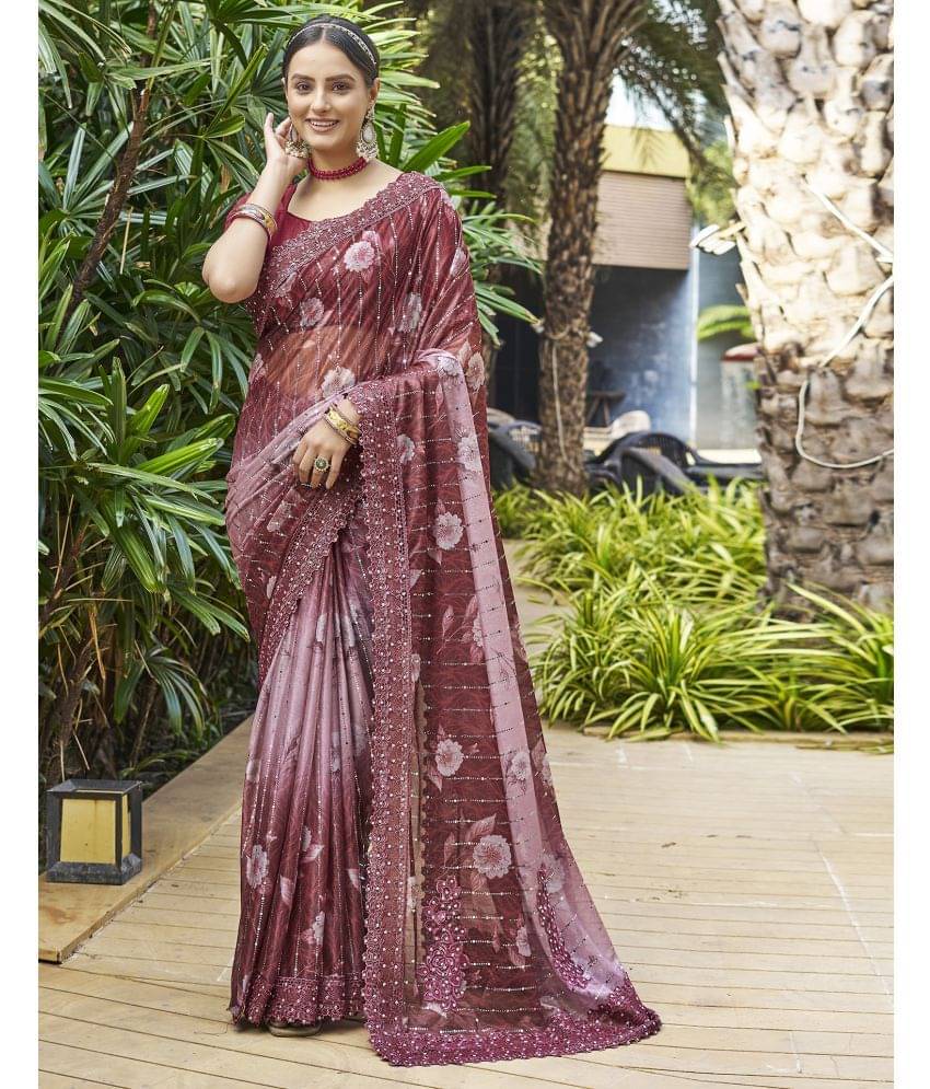     			Samah Lycra Embellished Saree With Unstitched Blouse Piece ( Maroon )
