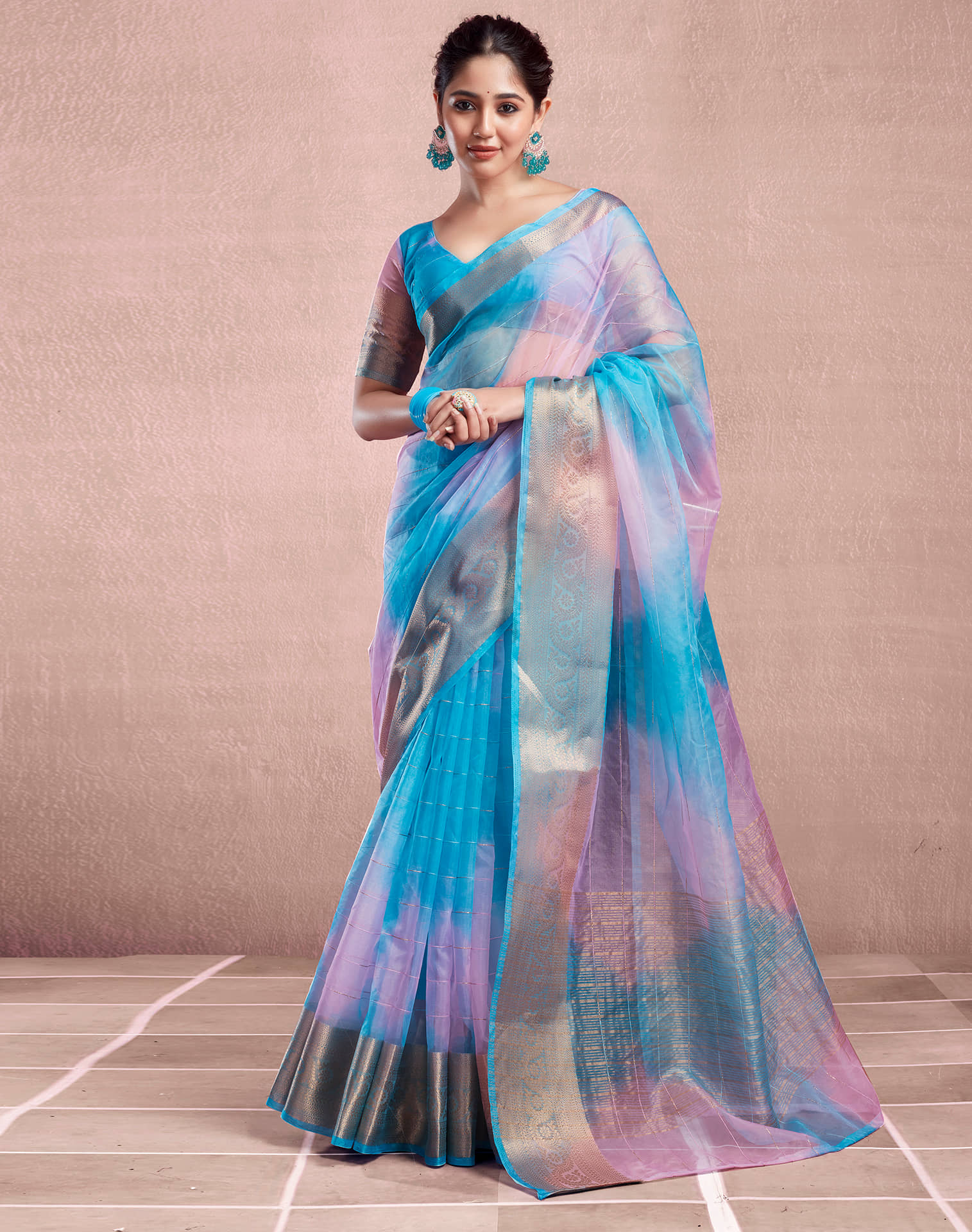 Samah Organza Woven Saree With Unstitched Blouse Piece ( Yellow ) - Sarees | Buy online on ZillyBuy