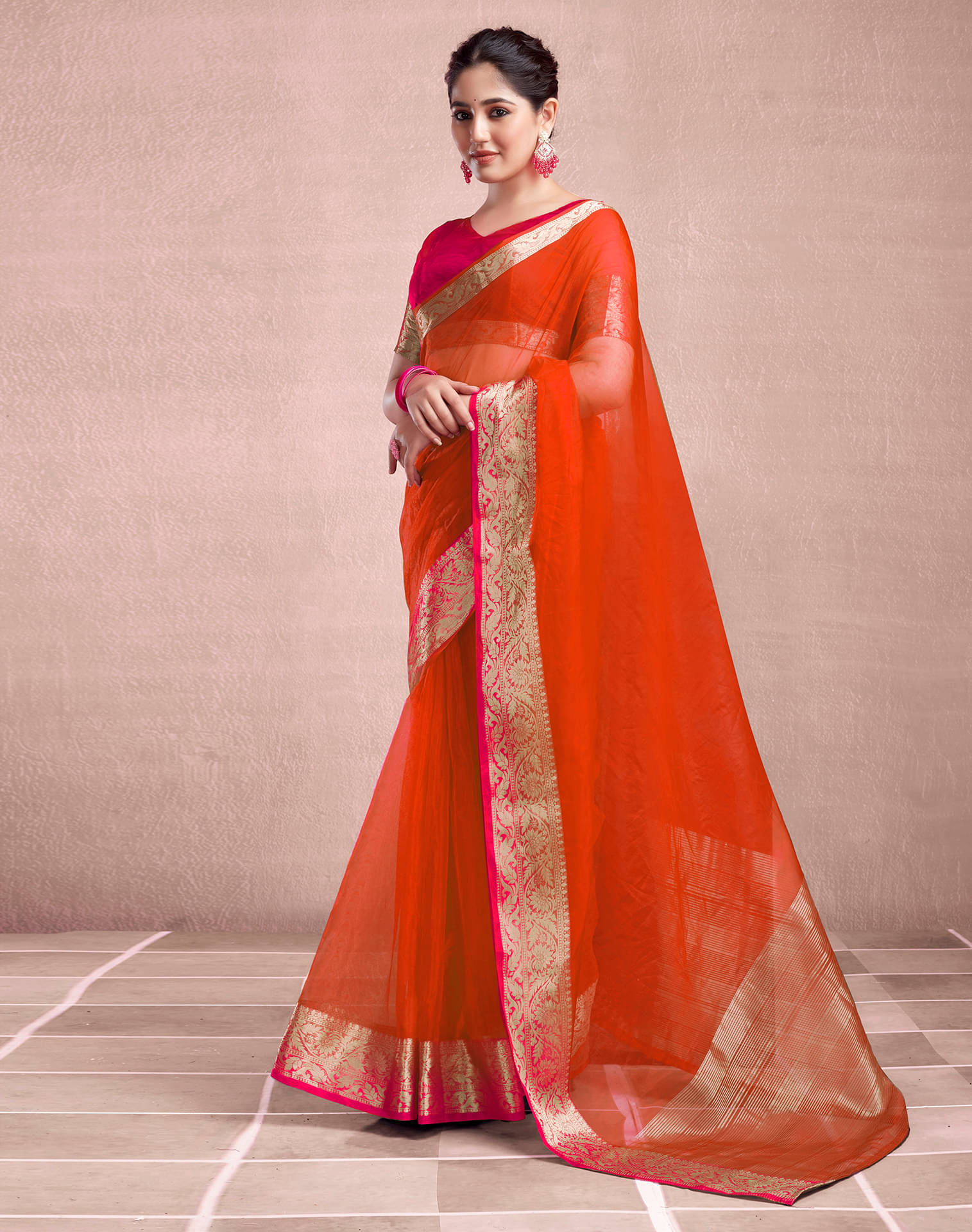 Samah Organza Woven Saree With Unstitched Blouse Piece ( Orange ) Samah Organza Woven Saree With Unstitched Blouse Piece ( Orange )