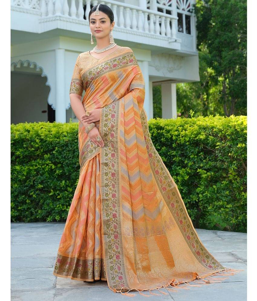 Samah Organza Woven Saree With Unstitched Blouse Piece ( Orange ) Samah Organza Woven Saree With Unstitched Blouse Piece ( Orange )