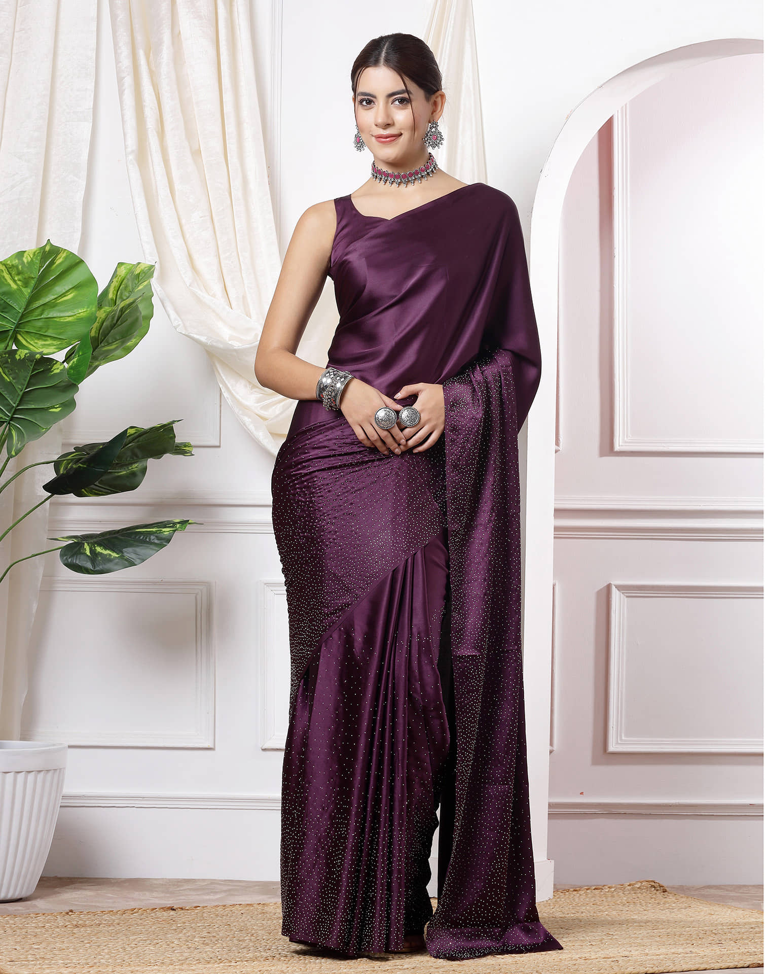 Samah Satin Embellished Saree With Unstitched Blouse Piece ( Wine ) - Sarees | Buy online on ZillyBuy
