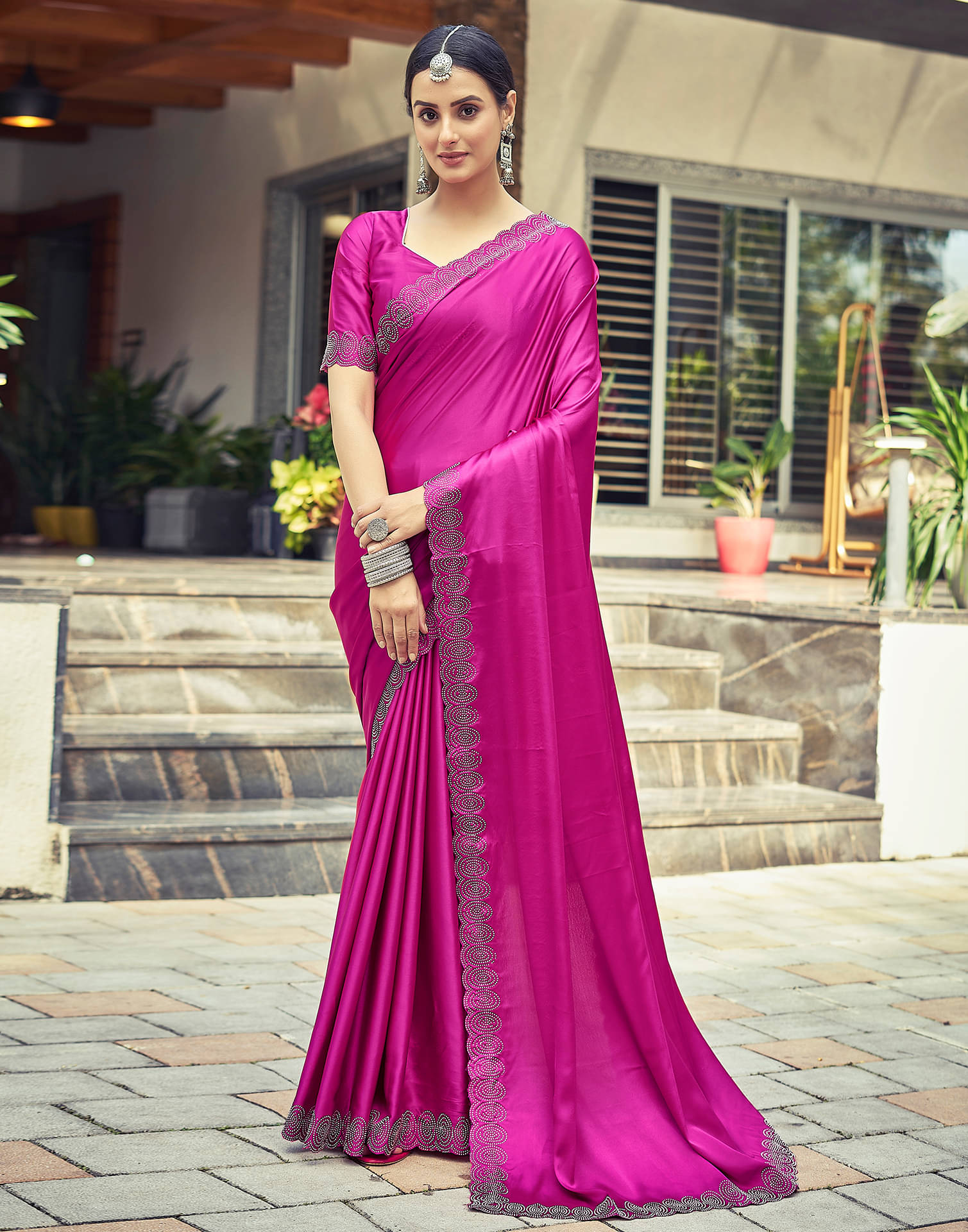 Samah Satin Solid Saree With Unstitched Blouse Piece ( Pink ) Samah Satin Solid Saree With Unstitched Blouse Piece ( Pink )