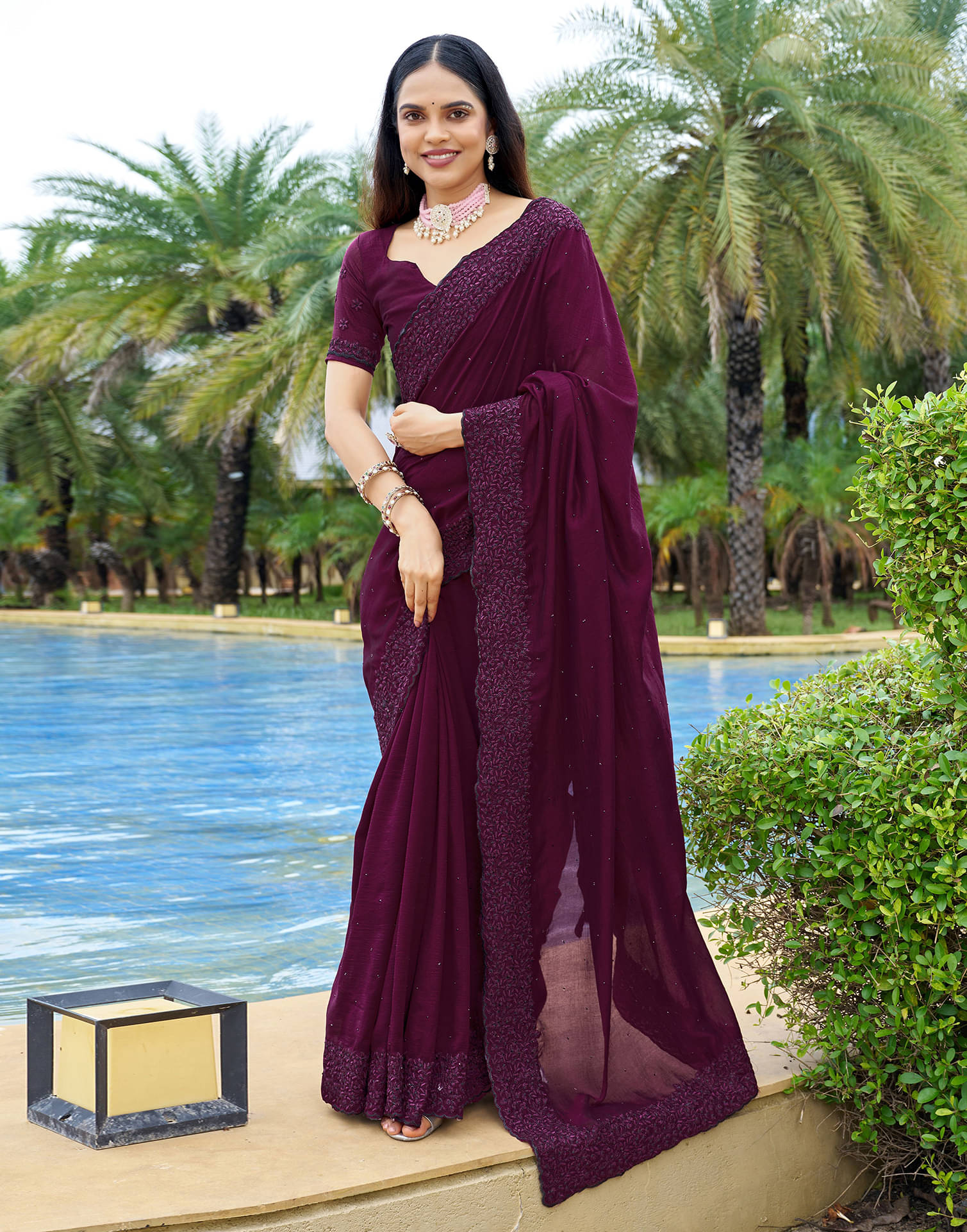 Samah Silk Blend Embroidered Saree With Unstitched Blouse Piece ( Wine )     			Samah Silk Blend Embroidered Saree With Unstitched Blouse Piece ( Wine )
