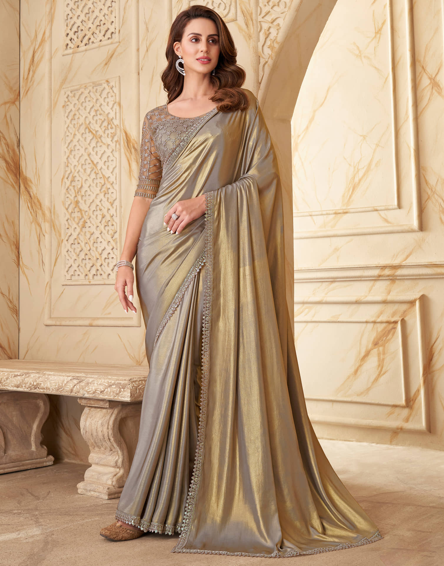 Samah Chiffon Self Design Saree With Unstitched Blouse Piece ( Green ) - Sarees | Buy online on ZillyBuy