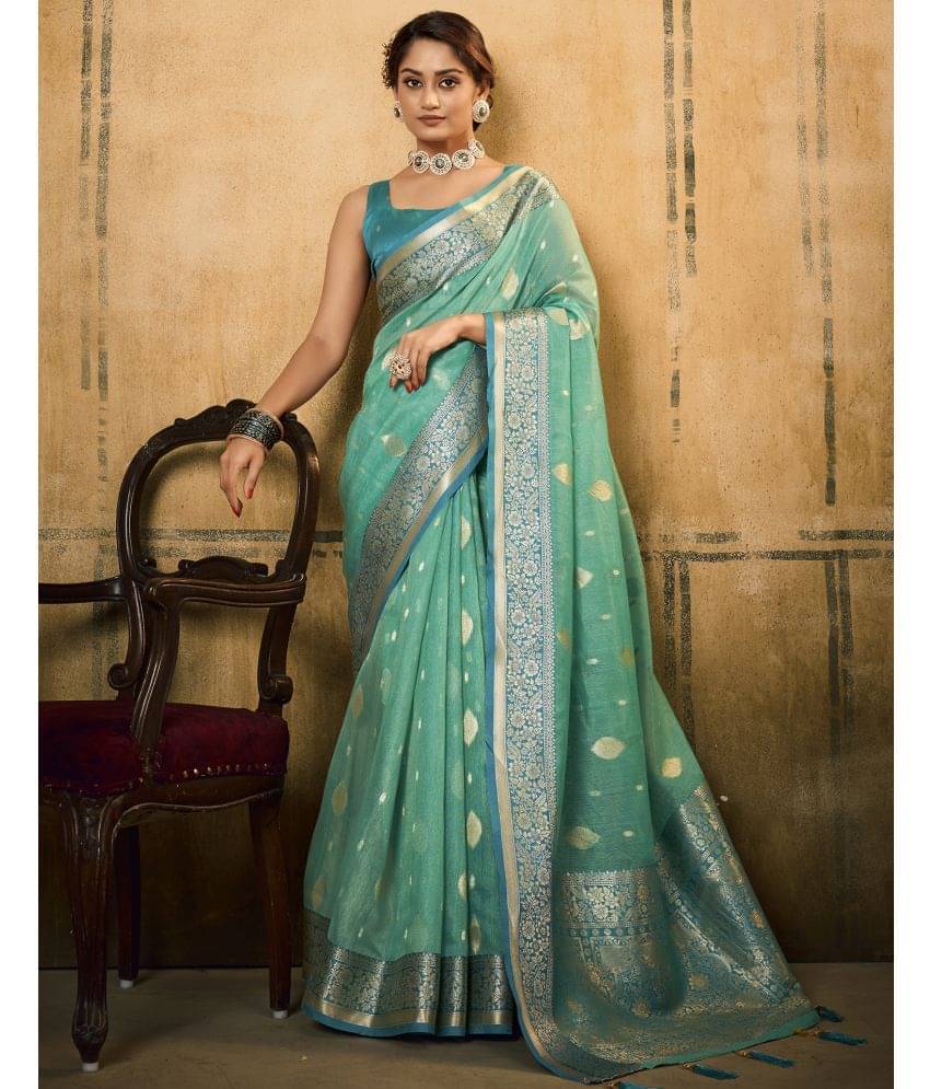     			Samah Silk Blend Woven Saree With Unstitched Blouse Piece ( Turquoise )