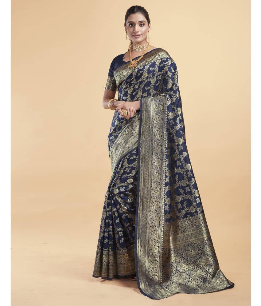 Samah Silk Woven Saree With Unstitched Blouse Piece ( Navy Blue ) - Sarees | Buy online on ZillyBuy