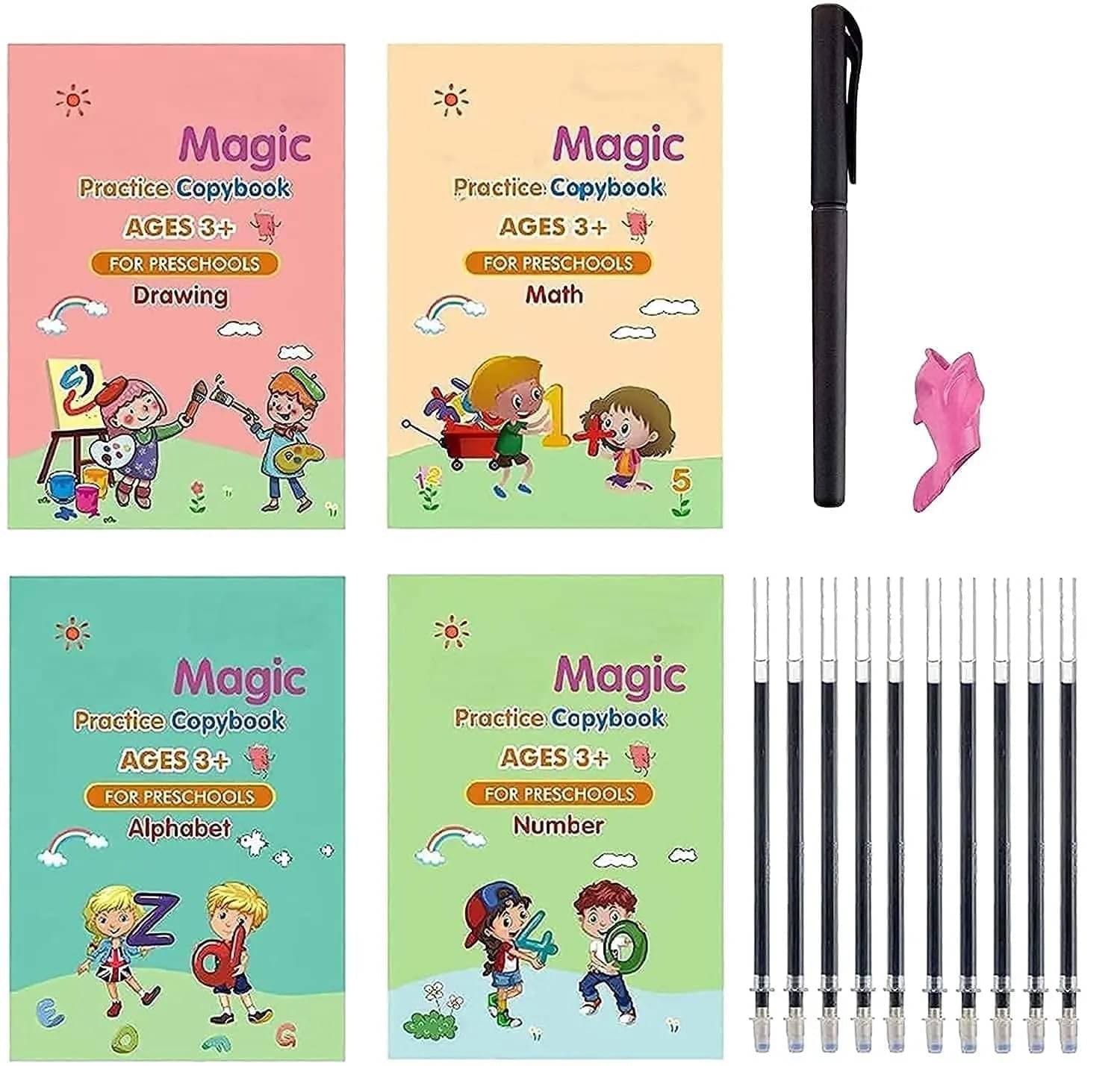    			Sank Magic Practice Copybook, (4 Book + 10 Refill) Number Tracing Book for Preschoolers with Pen, Magic Calligraphy Copybook Set Practical Reusable Writing Tool Simple Hand Lettering