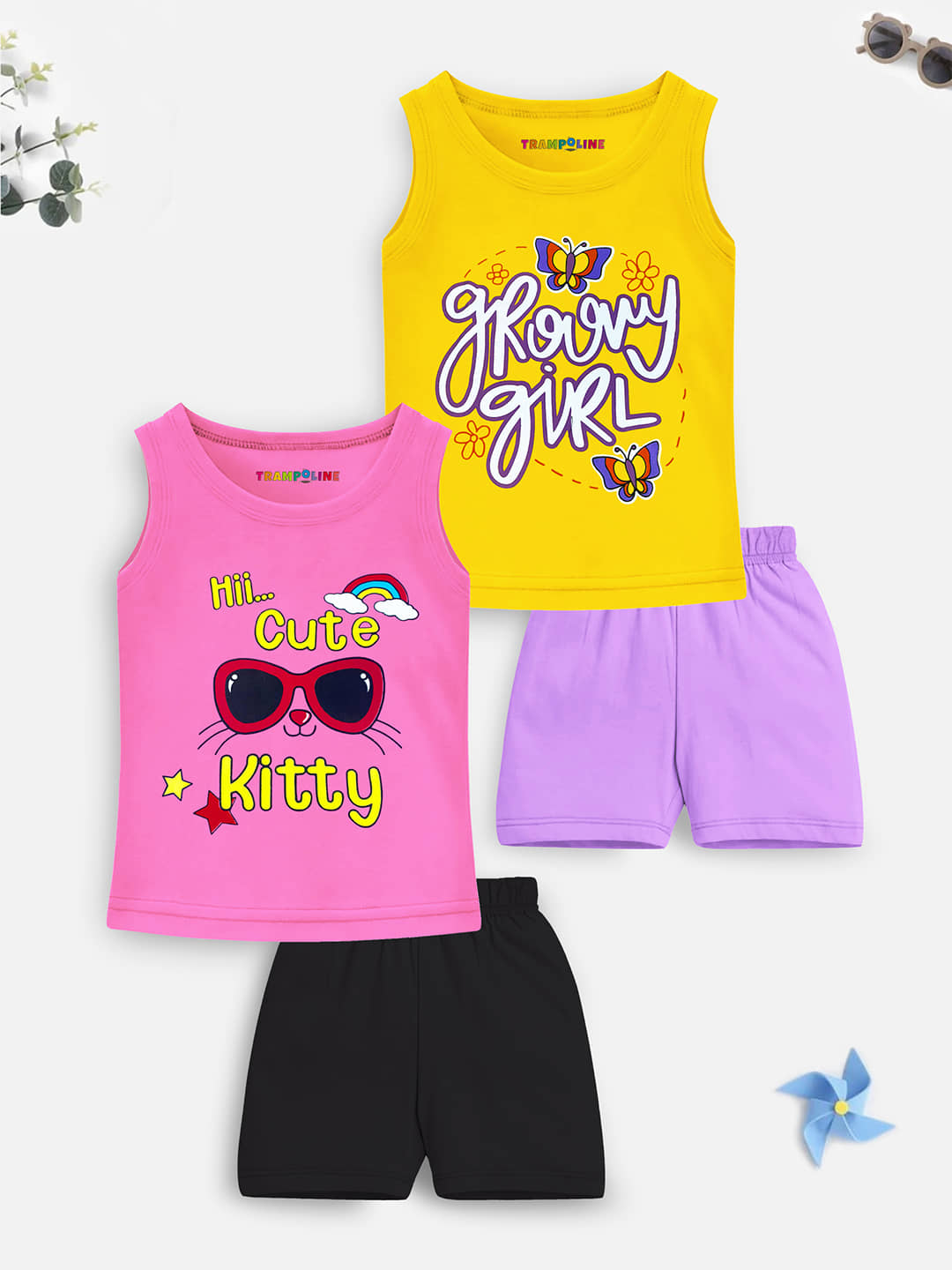 Trampoline Pack of 2 Girls Cotton Blend Top With Shorts ( Multicolor 2 )