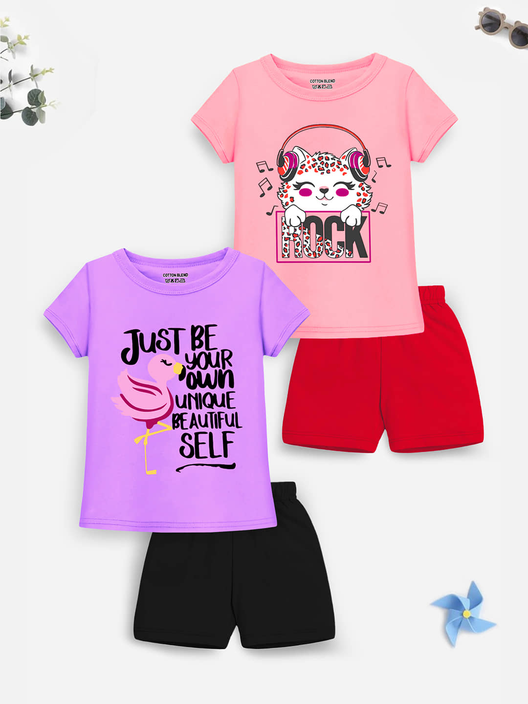 Trampoline Pack of 2 Girls Cotton Blend Top With Shorts ( Multicolor )