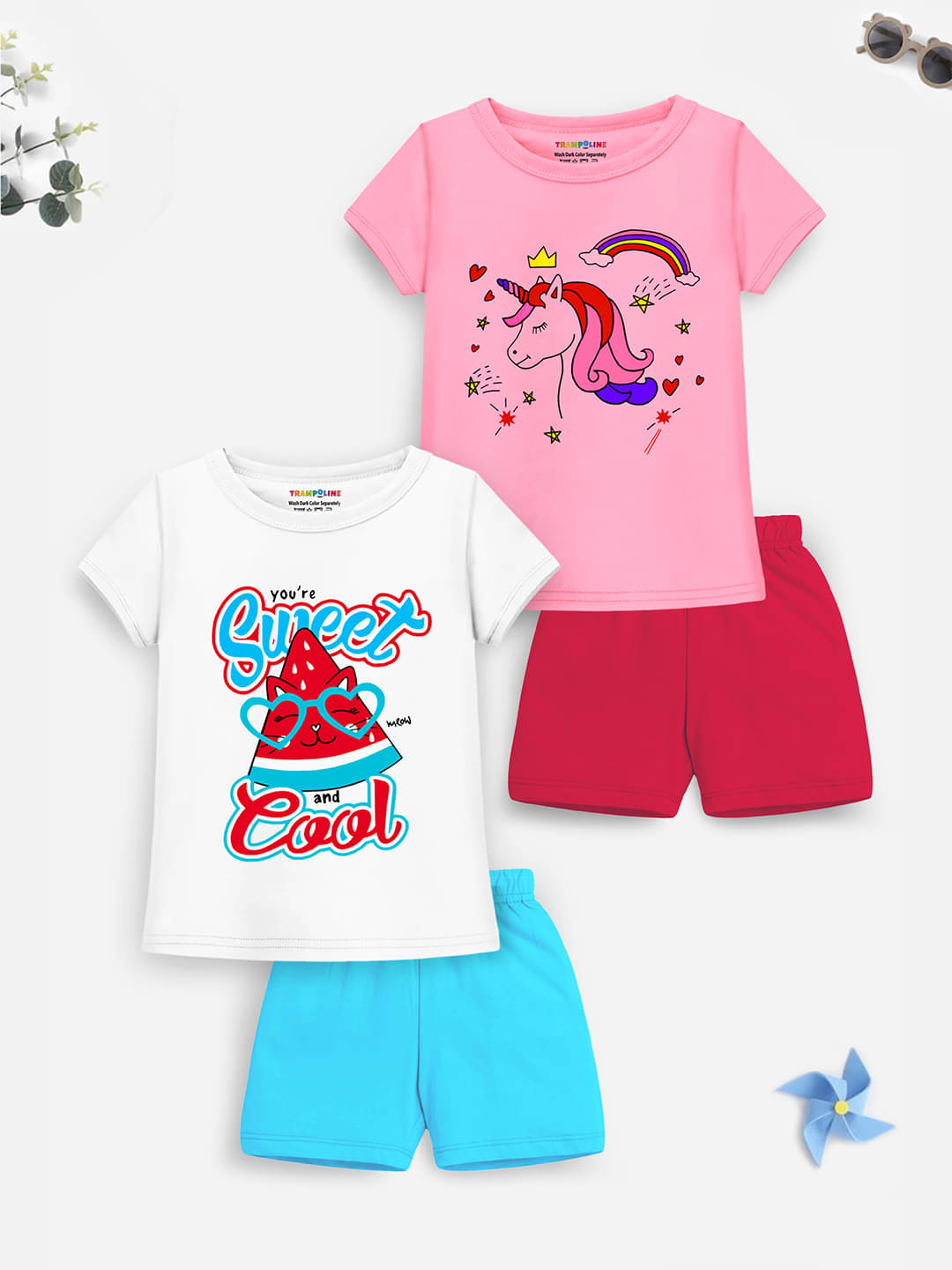 Trampoline Pack of 2 Girls Cotton Blend Top With Shorts ( White & Pink )     			Trampoline Pack of 2 Girls Cotton Blend Top With Shorts ( White & Pink )