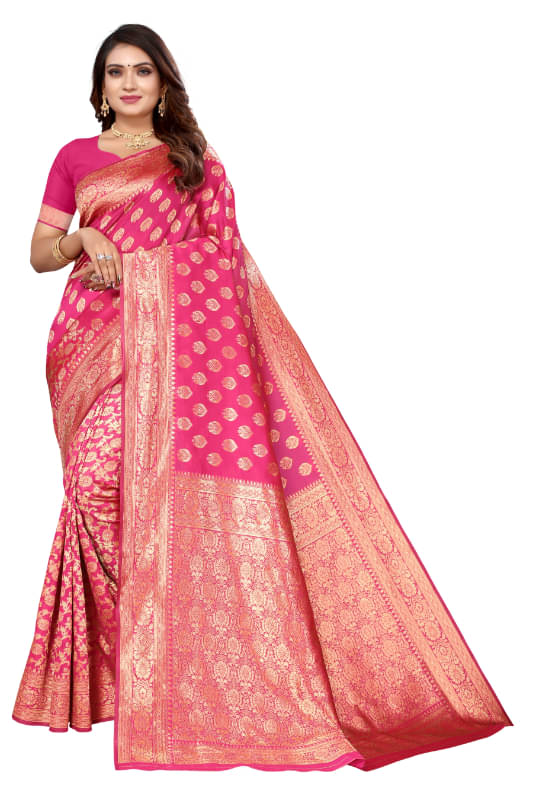 Aadvika Banarasi Silk Printed Saree With Unstitched Blouse Piece ( Pink )     			Aadvika Banarasi Silk Printed Saree With Unstitched Blouse Piece ( Pink )