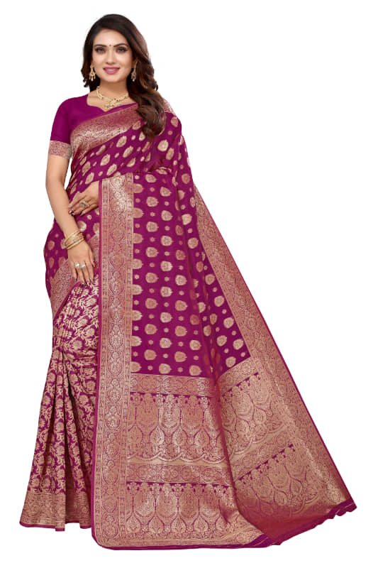 Aadvika Banarasi Silk Printed Saree With Unstitched Blouse Piece ( Purple ) - Sarees | Buy online on ZillyBuy