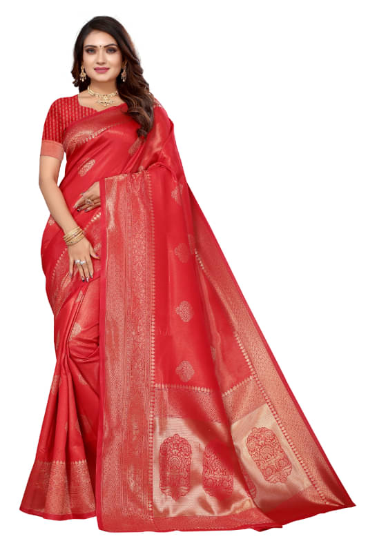 Aadvika Banarasi Silk Printed Saree With Unstitched Blouse Piece ( Red ) Aadvika Banarasi Silk Printed Saree With Unstitched Blouse Piece ( Red )