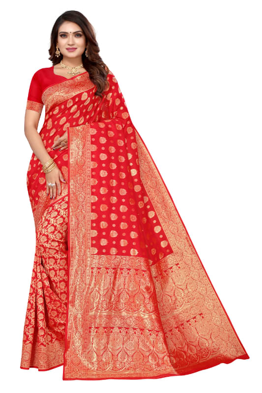 Aadvika Banarasi Silk Printed Saree With Unstitched Blouse Piece ( Red ) Aadvika Banarasi Silk Printed Saree With Unstitched Blouse Piece ( Red )