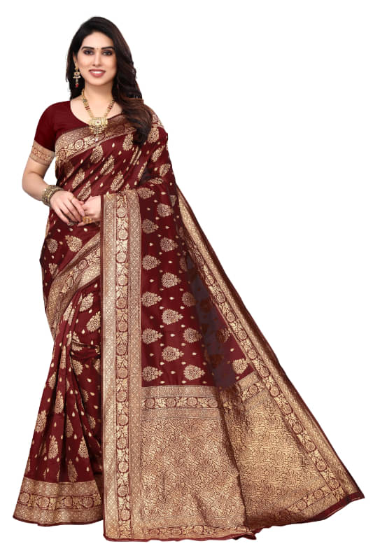 Aadvika Banarasi Silk Printed Saree With Unstitched Blouse Piece ( Maroon )     			Aadvika Banarasi Silk Printed Saree With Unstitched Blouse Piece ( Maroon )