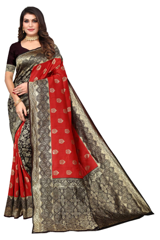 Aadvika Banarasi Silk Printed Saree With Unstitched Blouse Piece ( Red )     			Aadvika Banarasi Silk Printed Saree With Unstitched Blouse Piece ( Red )
