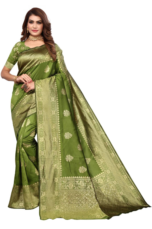 Aadvika Banarasi Silk Printed Saree With Unstitched Blouse Piece ( Green )     			Aadvika Banarasi Silk Printed Saree With Unstitched Blouse Piece ( Green )