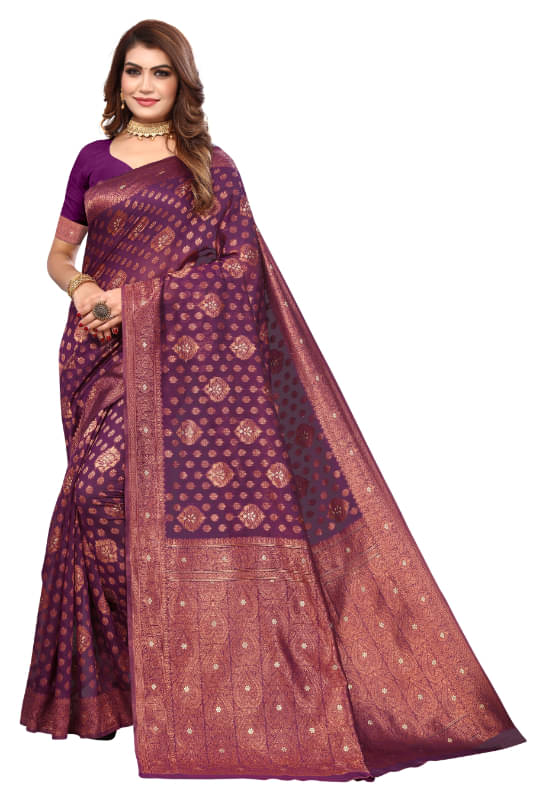 Aadvika Banarasi Silk Printed Saree With Unstitched Blouse Piece ( Purple ) Aadvika Banarasi Silk Printed Saree With Unstitched Blouse Piece ( Purple )