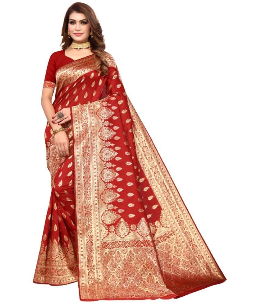 Aadvika Banarasi Silk Printed Saree With Unstitched Blouse Piece ( Red ) Aadvika Banarasi Silk Printed Saree With Unstitched Blouse Piece ( Red )
