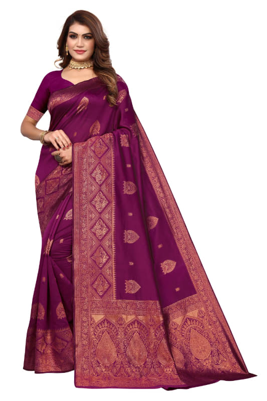 Aadvika Banarasi Silk Printed Saree With Unstitched Blouse Piece ( Purple ) Aadvika Banarasi Silk Printed Saree With Unstitched Blouse Piece ( Purple )