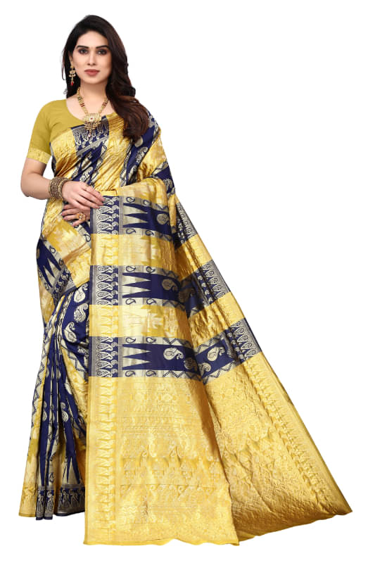     			Aadvika Banarasi Silk Printed Saree With Unstitched Blouse Piece ( Yellow )