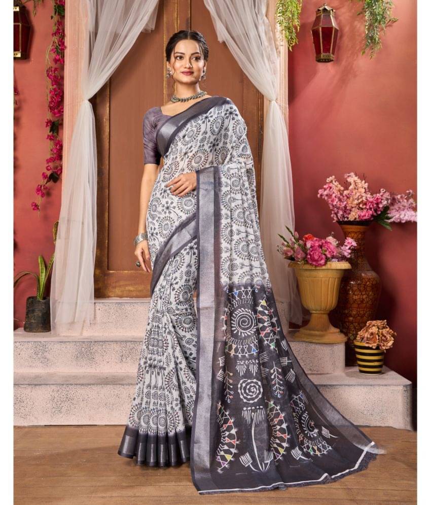 Aadvika Linen Printed Saree With Unstitched Blouse Piece ( Black ) Aadvika Linen Printed Saree With Unstitched Blouse Piece ( Black )