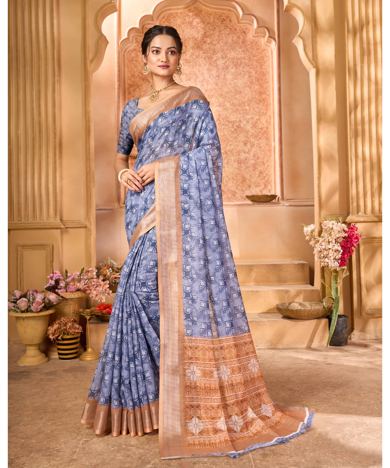     			Aadvika Linen Printed Saree With Unstitched Blouse Piece ( Blue )