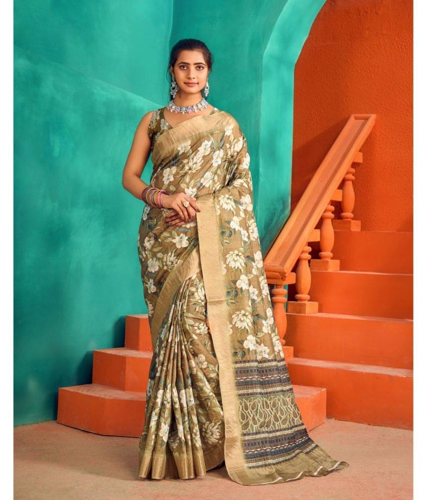 Aadvika Satin Printed Saree With Unstitched Blouse Piece ( Green ) Aadvika Satin Printed Saree With Unstitched Blouse Piece ( Green )