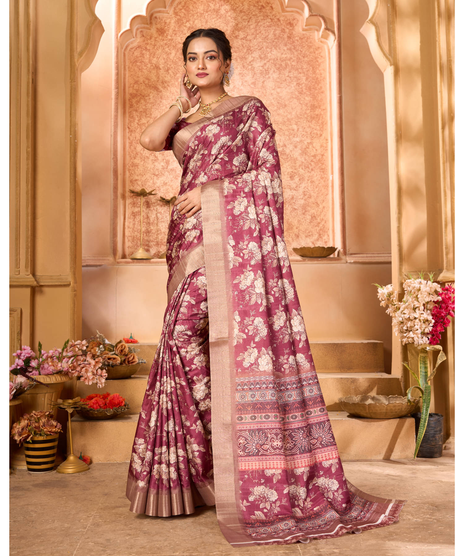 Aadvika Satin Printed Saree With Unstitched Blouse Piece ( Maroon ) Aadvika Satin Printed Saree With Unstitched Blouse Piece ( Maroon )