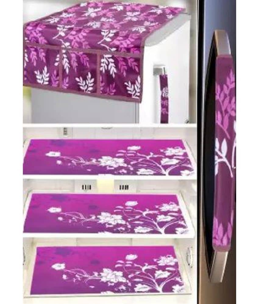 Crosmo Polyester Floral Printed Fridge Mat & Cover ( 64 18 ) Pack of 5 - Pink