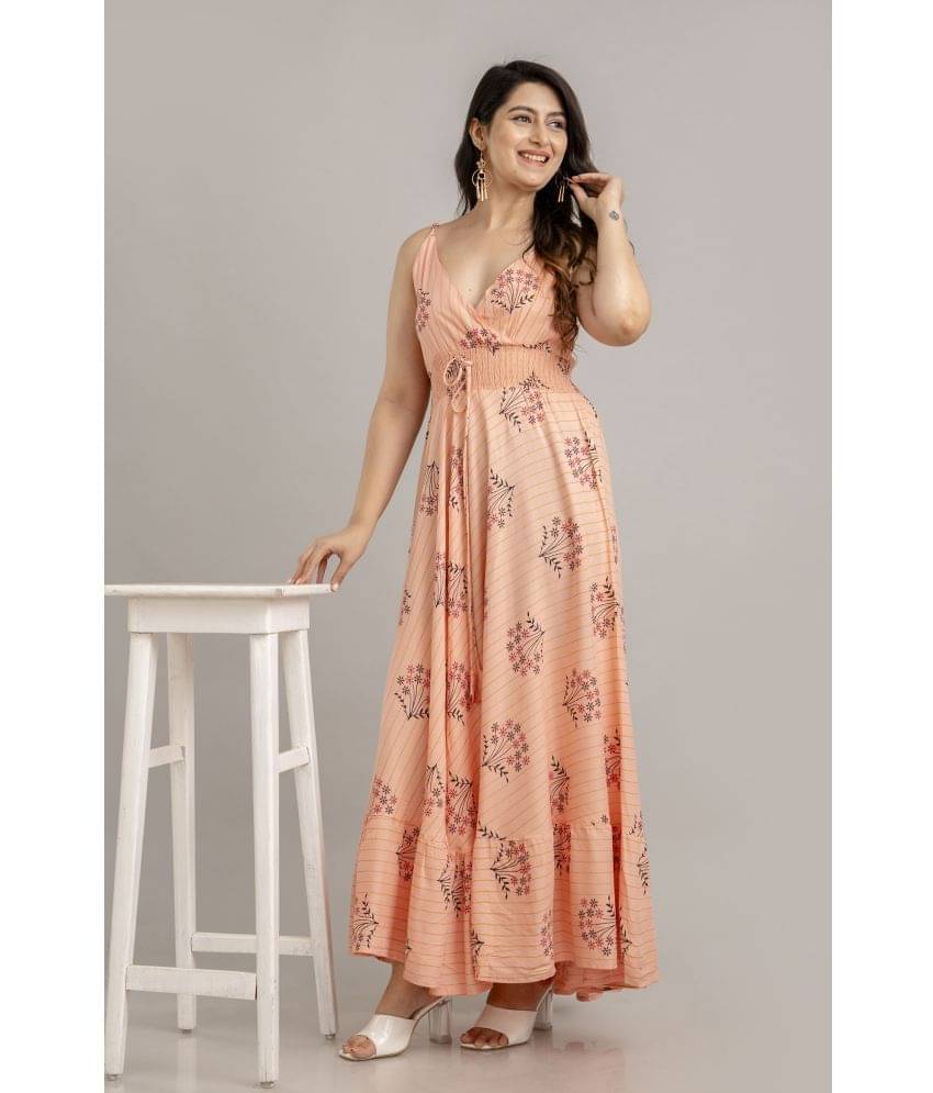 Frionkandy Women Rayon Printed Fit & Flare Dress ( Peach ) Frionkandy Women Rayon Printed Fit & Flare Dress ( Peach )