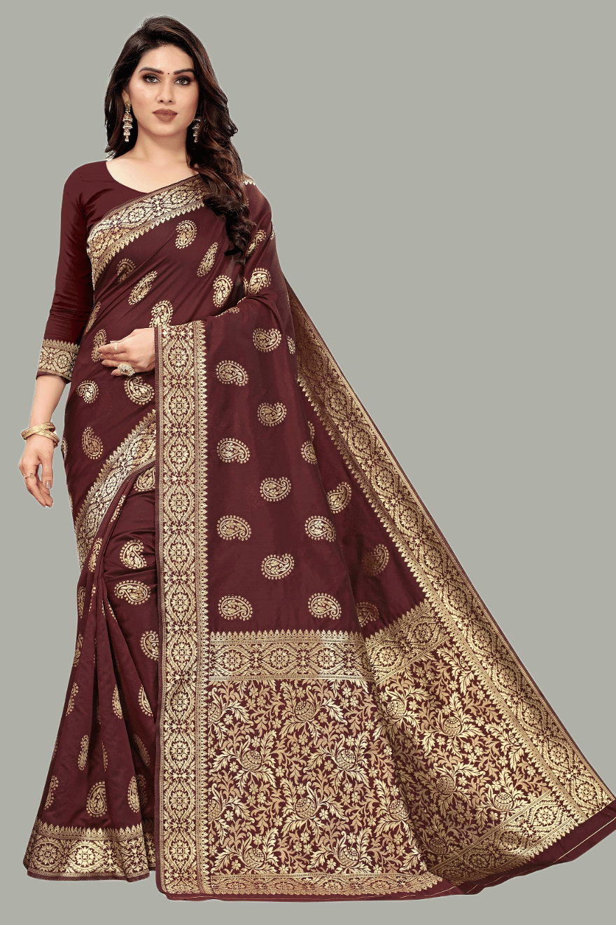 GARIYA Banarasi Silk Embellished Saree With Unstitched Blouse Piece ( Maroon ) - Sarees | Buy online on ZillyBuy